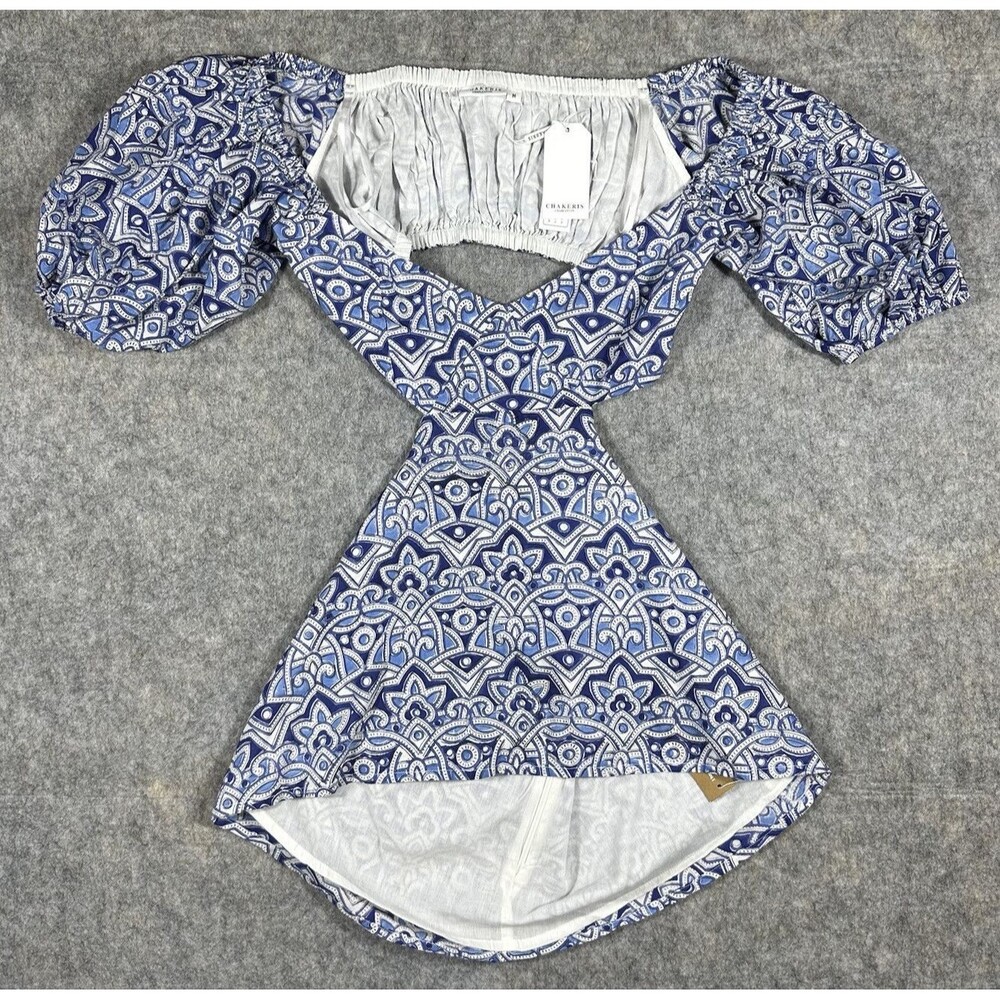 Chakeris Charleston Off The Shoulder Blouse Women’s M Blue Geometric Cut Out NWT